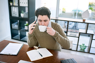 Buy stock photo Business, man and phone call at office with coffee for schedule, deadline and creative ideas as interior designer. Male person, employee and entrepreneur with startup,  communication and networking