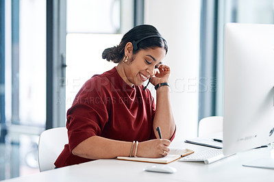 Buy stock photo Telemarketing, business and woman in office, writing notes and computer with help desk. Person, consultant and insurance agent with pc, feedback and customer service with assistance, headset and book