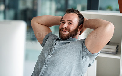 Buy stock photo Happy, businessman and relax with break at office for completion, rest or free time by desk. Man, employee or accountant with smile or comfort for done, finished or completed tasks at workplace