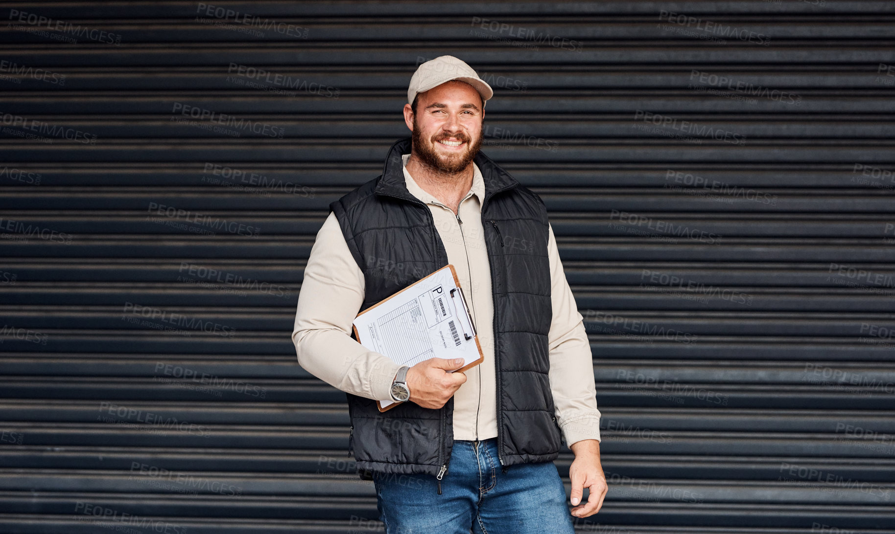Buy stock photo Portrait of a courier holding a clipboard