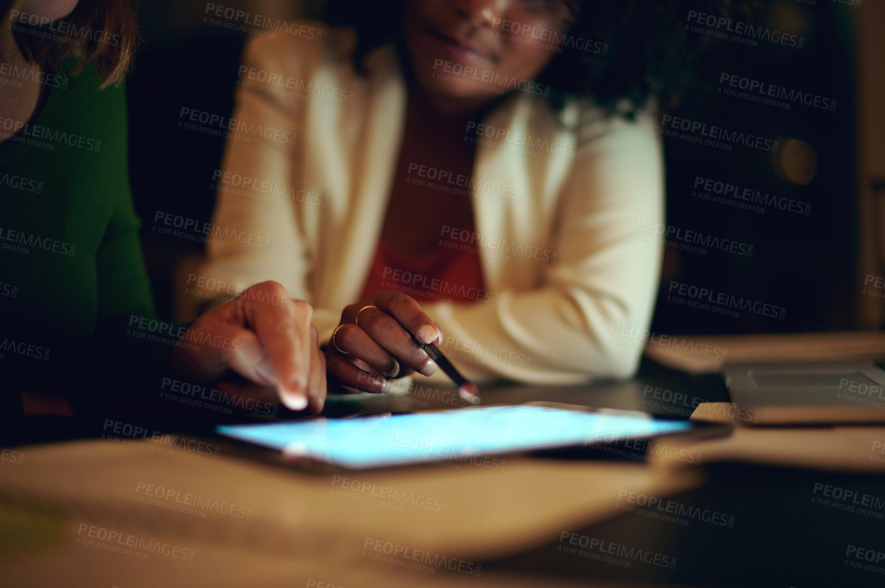 Buy stock photo Hands, tablet and screen for research, email and management report in office with kpi, app and web. Business people, technology and night for project administration, writing review and task deadline