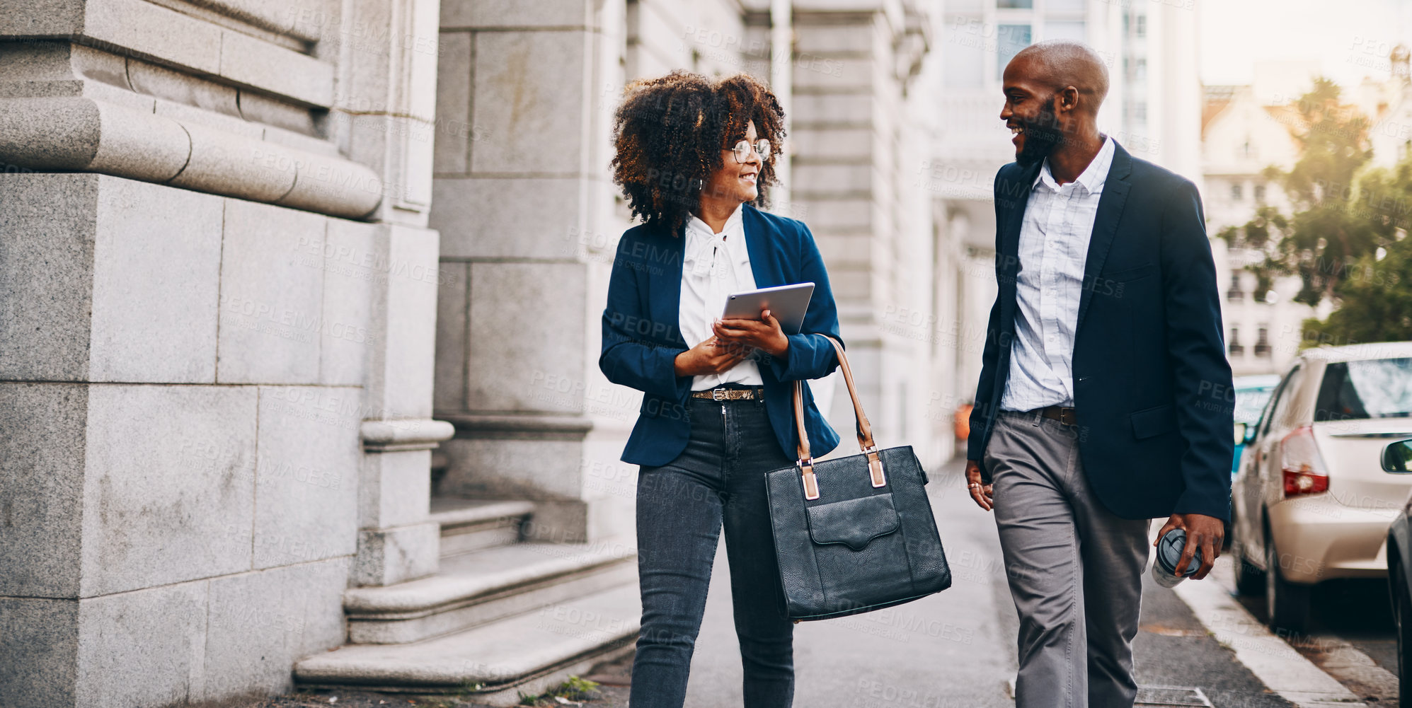 Buy stock photo Business, people and walking in city with communication on commute, travel and journey in discussion. Finance, corporate team and employees on sidewalk in talking for planning, briefing or networking