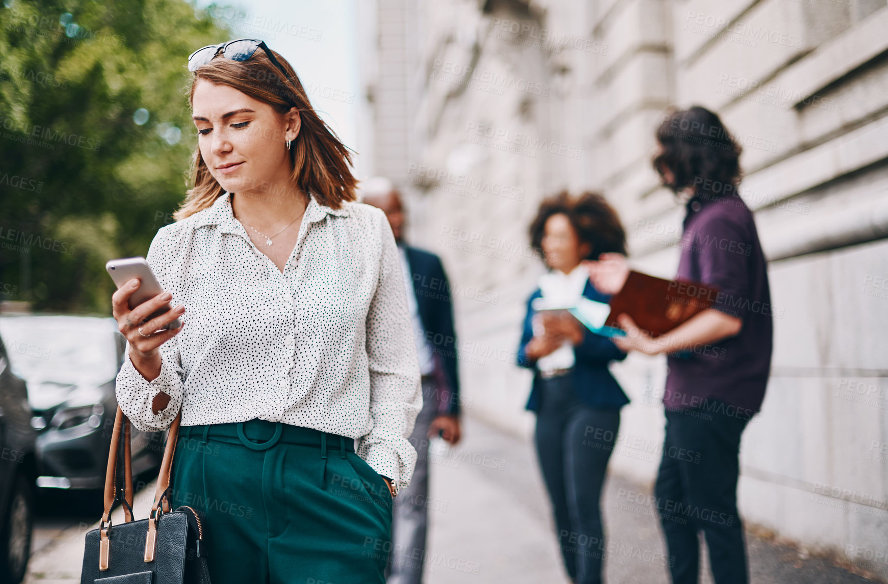 Buy stock photo Business, woman and walking with phone in city on commute, morning travel or checking notification. Professional, employee or smartphone on sidewalk in town for text message or scrolling social media