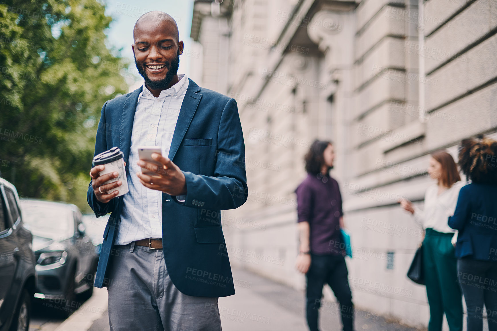 Buy stock photo Business, man and walking with phone in city on commute, morning travel or checking notification. Black person, employee or smartphone on sidewalk in town for text message or social media with coffee