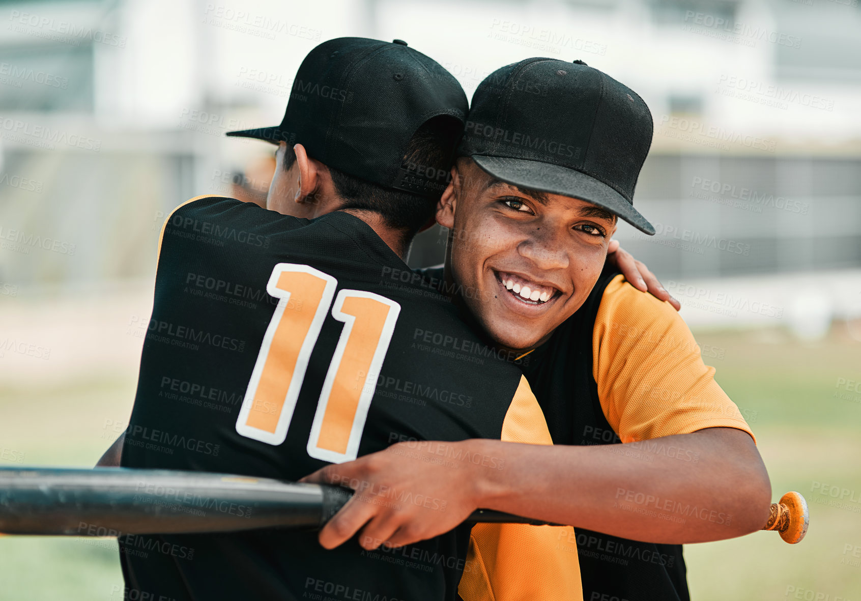 Buy stock photo Hug, portrait and smile of baseball friends outdoor together for competition, game or success. Exercise, fitness and sports with happy player people on field at stadium for celebration or challenge