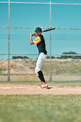 Buy stock photo Portrait, baseball and player swing bat for training, exercise or competition on field. Softball, boy and teen athlete at sports game for fitness, performance and ready for workout outdoor in Mexico