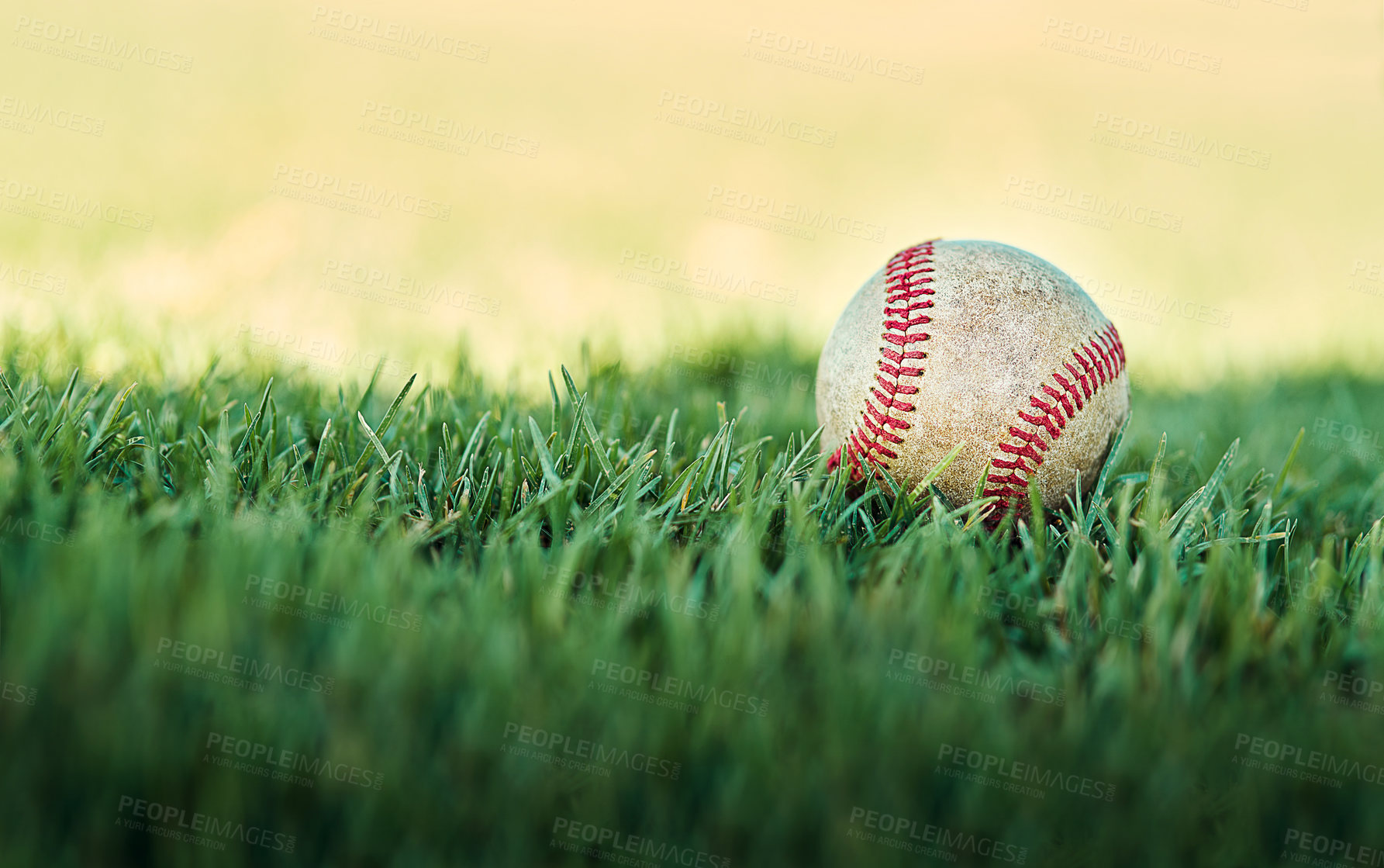 Buy stock photo Baseball, grass and ball on pitch for sports training, fitness or tournament game in outdoor stadium. Exercise, competition or closeup of softball equipment for match on professional field or lawn