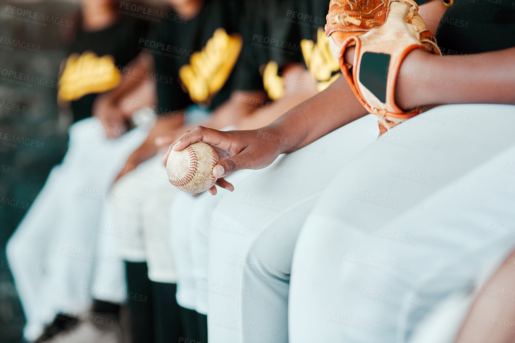 Buy stock photo Baseball, dugout and hands of sports team together for competition, game or practice match. Exercise, fitness and training with group of athlete people at venue for challenge or tournament closeup