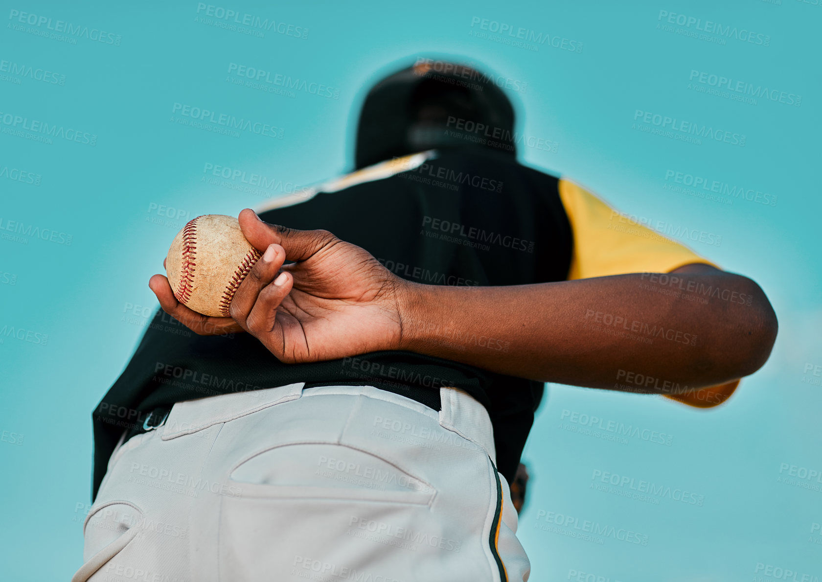 Buy stock photo Baseball player, back and person with ball, sky and training for competition, playing and athlete. Sports, pitch and practice for game, fitness and preparation for event, hand or outdoor for softball