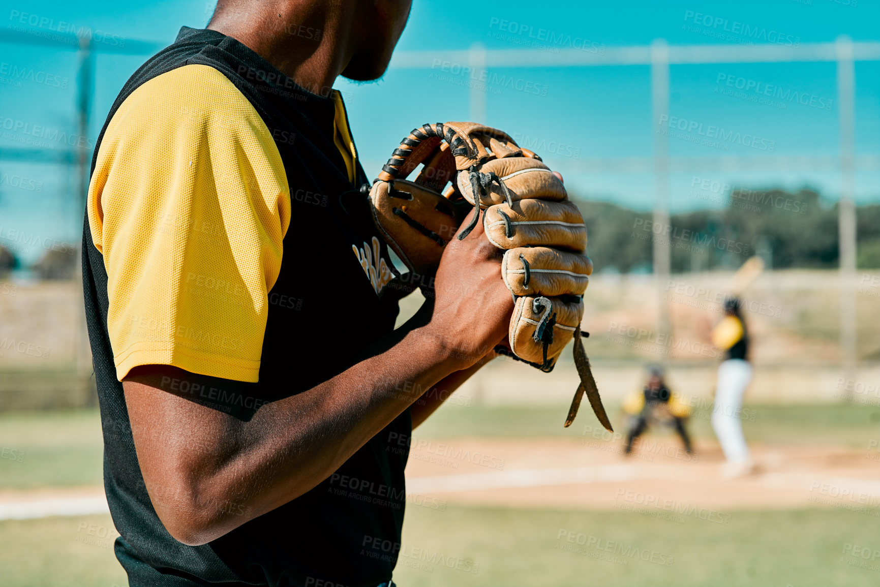 Buy stock photo Baseball, hands and mit of pitcher on field for start of competition, game or tournament from back. Exercise, fitness and team sports with athlete or player at venue for competition or challenge