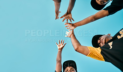 Buy stock photo Teamwork, sports and huddle with hands of baseball player for support, community and mockup space. Fitness, athlete and global competition, people in softball club for tournament games from low angle