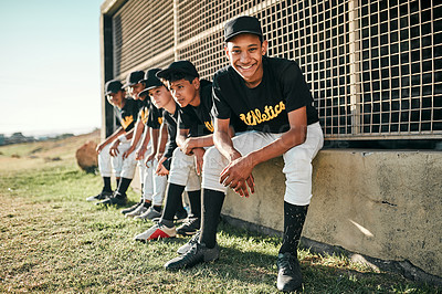 Buy stock photo People, field and happy for baseball, game and competition with smile, uniform or fitness outdoor. Children, exercise and training for sports, softball and teamwork with development, workout or hobby