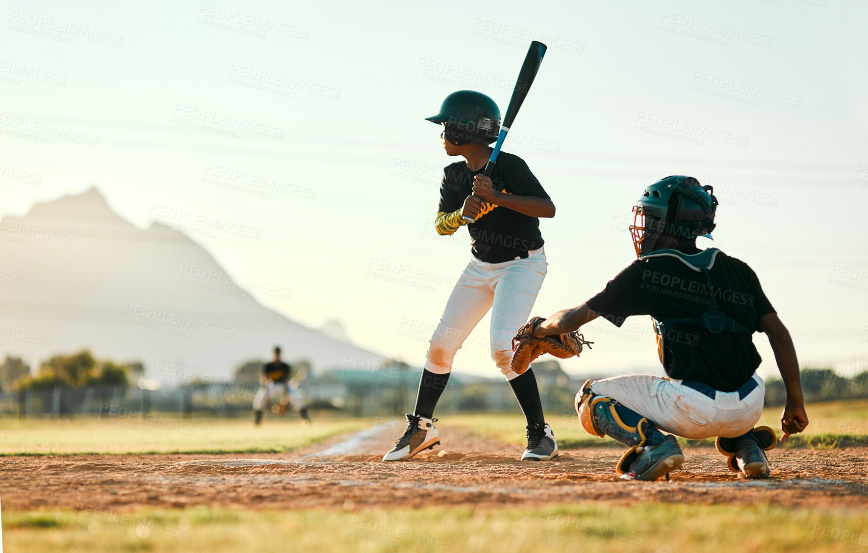 Buy stock photo Baseball, sports and players on a field for a game, training and competition. Team challenge, waiting and boys on a pitch for professional sport, practicing and batting in a league for action