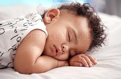 Buy stock photo Boy, baby and sleeping on bed in home, relax and exhausted infant in nursery for growth development. Child, nap and comfortable resting on bedding for peace, calm and tired kid for dream in apartment