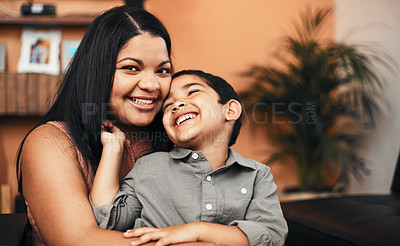 Buy stock photo Portrait of a mother bonding with her little son at home