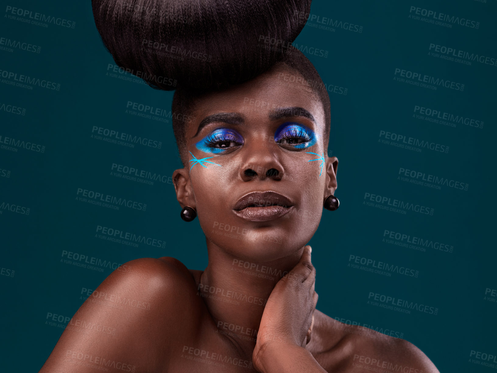 Buy stock photo Portrait, makeup and glamour with an african woman in studio on a blue background for hair care or cosmetics. Face, confidence and fashion with an attractive young female model at the salon for style