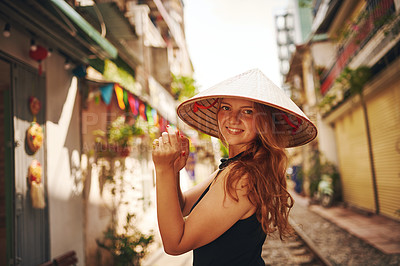 Buy stock photo Travel, city and portrait of woman on train tracks in Vietnam for holiday, vacation and tourist destination. Fashion, sightseeing and person by railway for adventure, journey and explore urban town