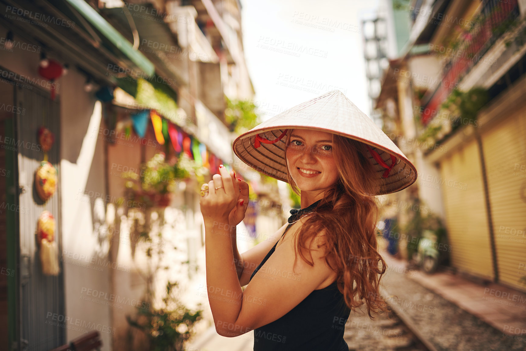 Buy stock photo Travel, city and portrait of woman on train tracks in Vietnam for holiday, vacation and tourist destination. Fashion, sightseeing and person by railway for adventure, journey and explore urban town