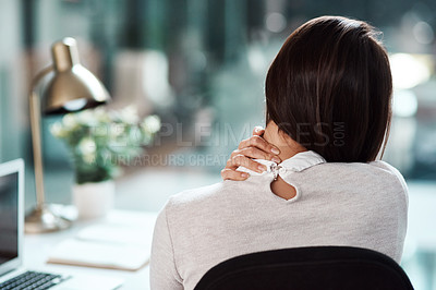 Buy stock photo Neck pain, office and business woman with stress, muscle ache and tension in sitting posture. Health, medical emergency and back of female worker massage at desk for problem, accident and injury
