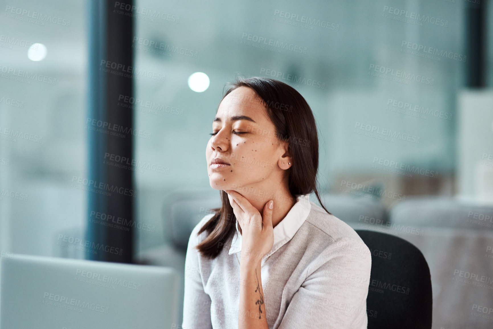 Buy stock photo Sick, sore throat and business Asian woman in office with virus infection, flu symptoms and fever. Professional, worker and person with inflammation, cold and illness in workplace for medical crisis