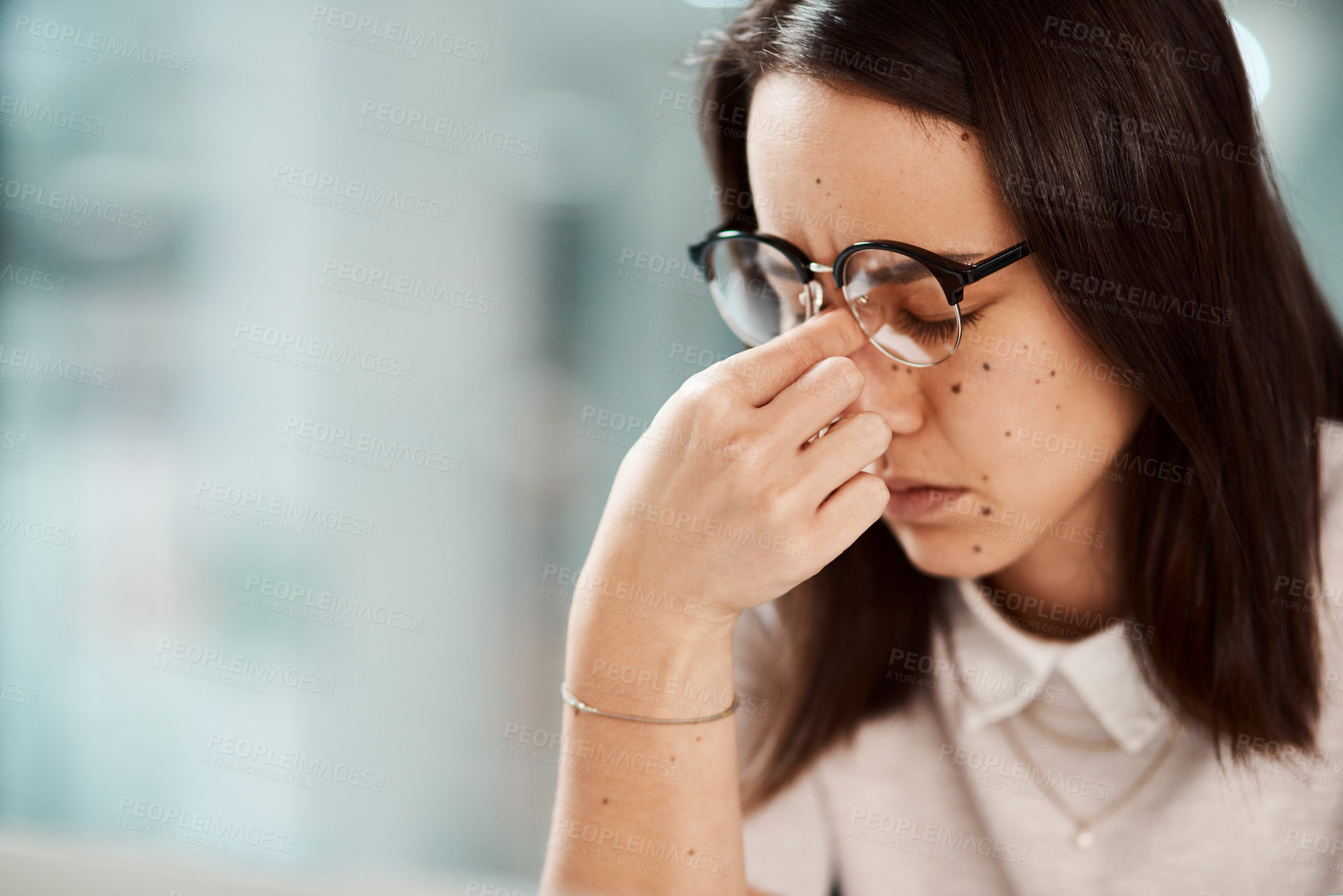 Buy stock photo Headache, burnout and business woman in office with sickness, illness or allergy symptoms. Migraine, stress and Asian female person with fatigue, exhaustion or tiredness in workplace for career.