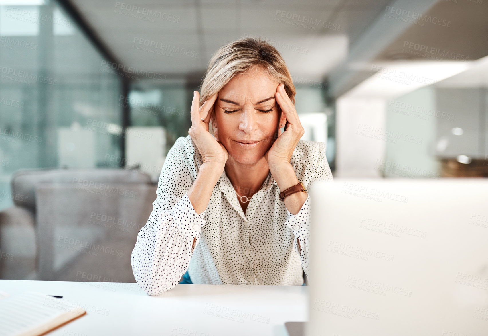 Buy stock photo Stress, headache and business woman on laptop in office with tension, migraine and medical crisis. Professional, corporate and frustrated worker with head pain for fatigue, burnout and overworked