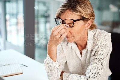 Buy stock photo Headache, stress and mature businesswoman in office with sickness, illness or allergy symptoms. Migraine, burnout and female person with fatigue, exhaustion or tiredness in workplace for career.