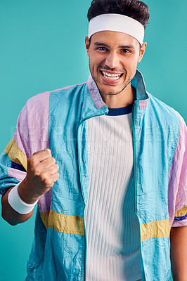 Buy stock photo Cropped shot of a handsome young man styled in 80s fashion