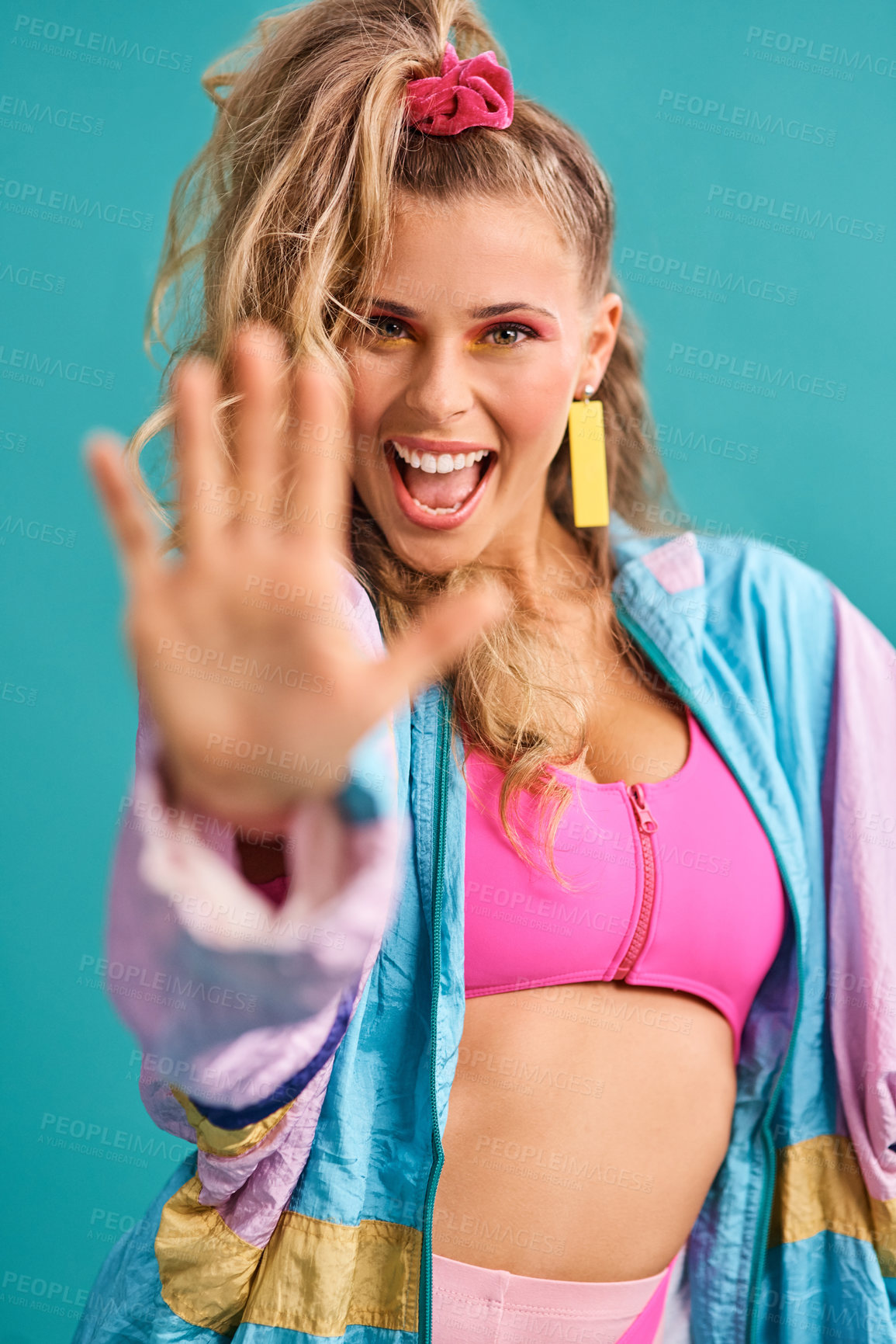 Buy stock photo Studio shot of a beautiful young woman wearing a 80s outfit