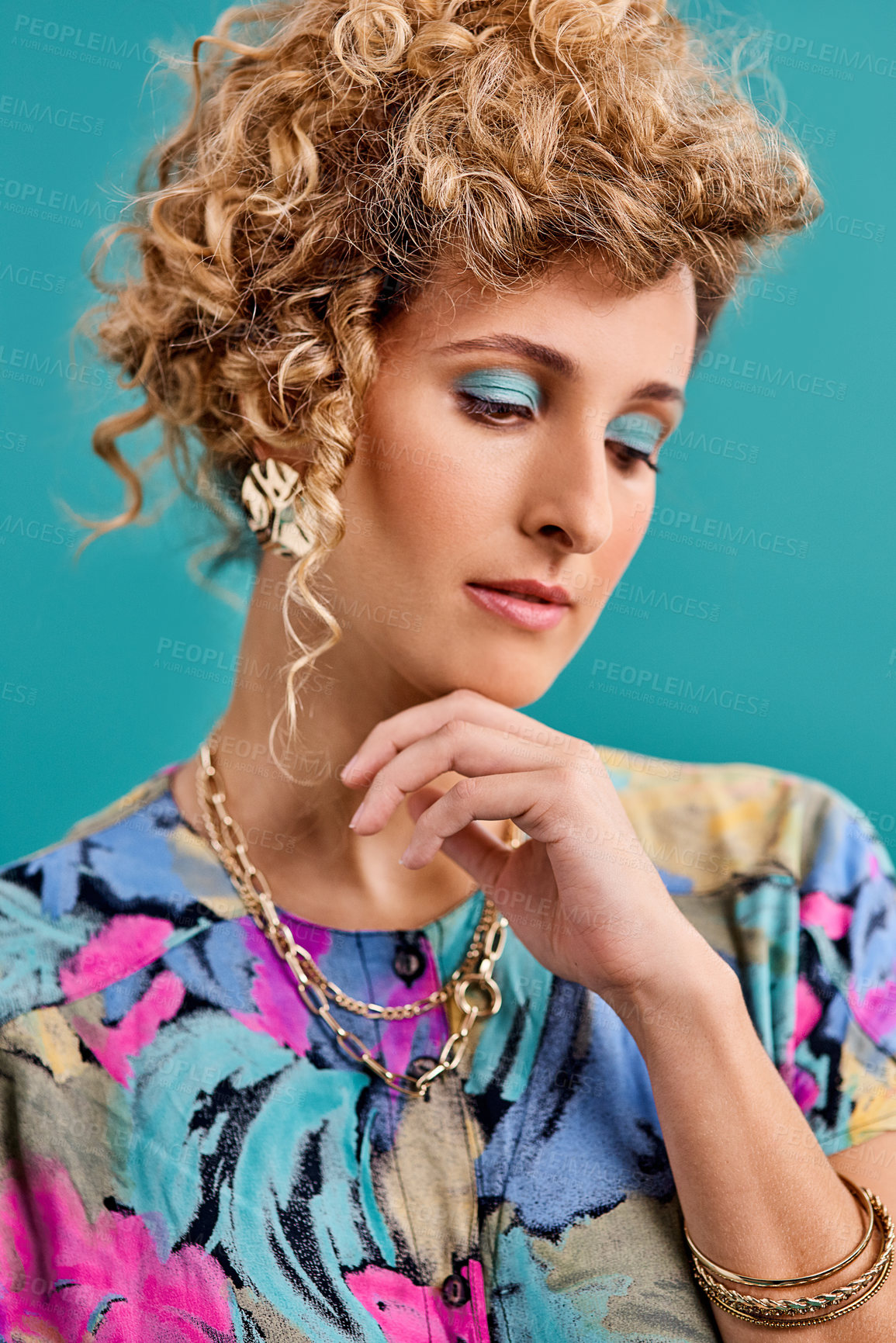 Buy stock photo Studio shot of a beautiful young woman wearing a 80s outfit