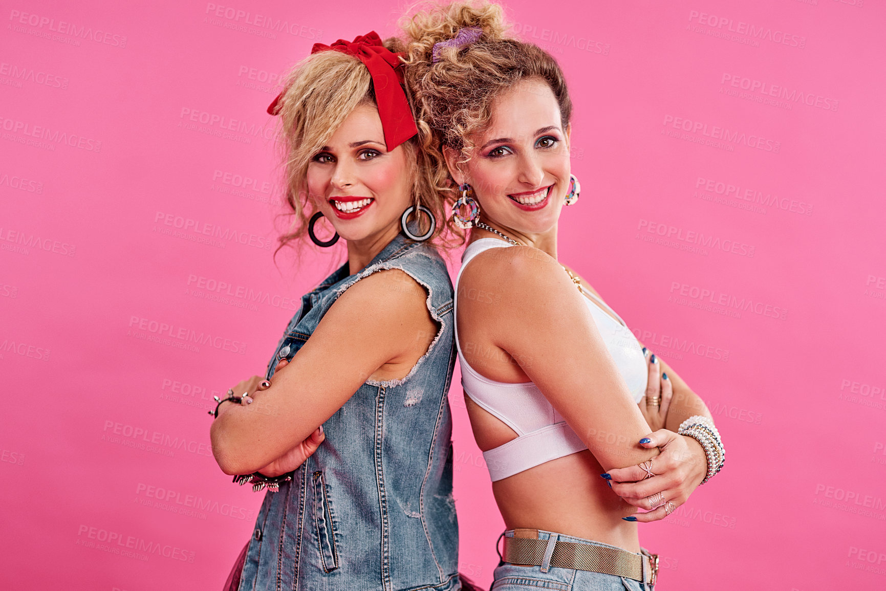 Buy stock photo Friends, 80s fashion and portrait of happy women in studio together with smile, vintage theme and pink background. Friendship, fun and woman with friend, retro clothes and hairstyle with jewellery.