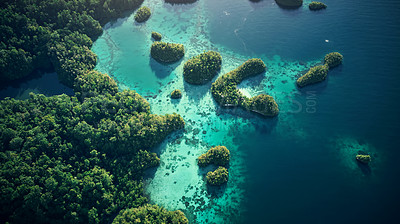 Buy stock photo High angle shot of the beautiful islands of Raja Ampat
