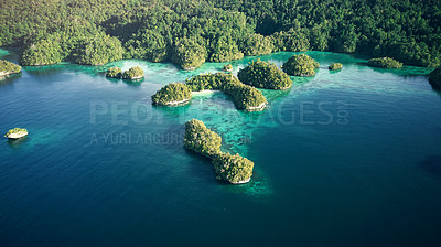 Buy stock photo Top view, water and island for freedom, travel and exploring, holiday or destination. Above, nature and tropical paradise with scenic views, plants and beauty for explore, traveling or Indonesia trip