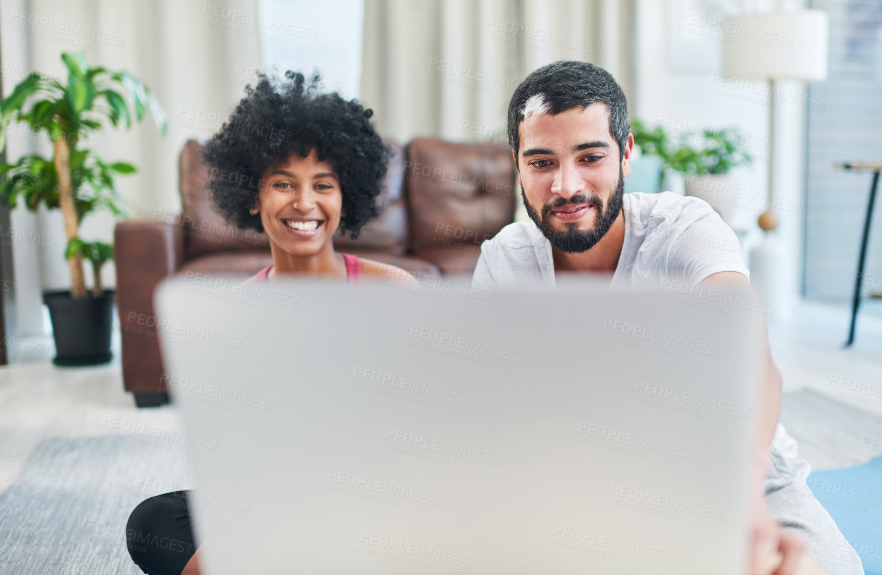 Buy stock photo Laptop, smile and yoga with couple in living room of home for start of exercise or online class together. Computer, start or streaming with yogi man and woman in apartment for holistic fitness