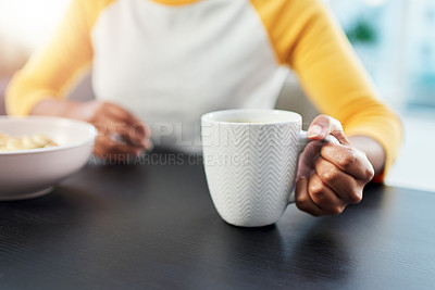 Buy stock photo Hands, morning and woman with coffee, relax and breakfast with caffeine, start day and calm. Closeup, person and girl at table, espresso and latte with mug, house and hot chocolate with nutrition