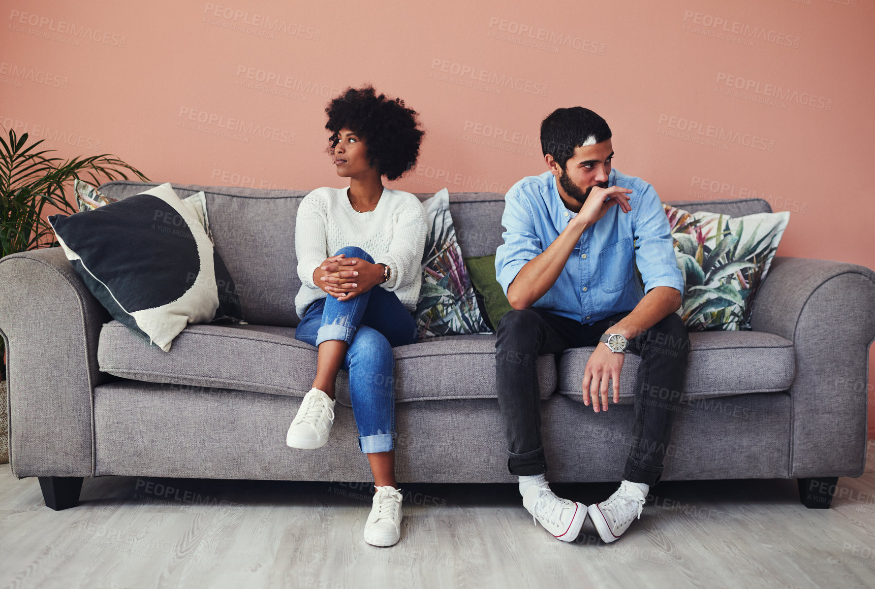 Buy stock photo Home, ignore and couple on couch, relationship and marriage with divorce, fighting and toxic. Apartment, man and woman on sofa, moody and angry with emotions, reaction and argument in living room