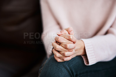 Buy stock photo Woman, hands together and grief closeup with stress and anxiety in therapy for psychology crisis. Pray, mental health problem and hand of a female patient scared with depression at counseling on sofa