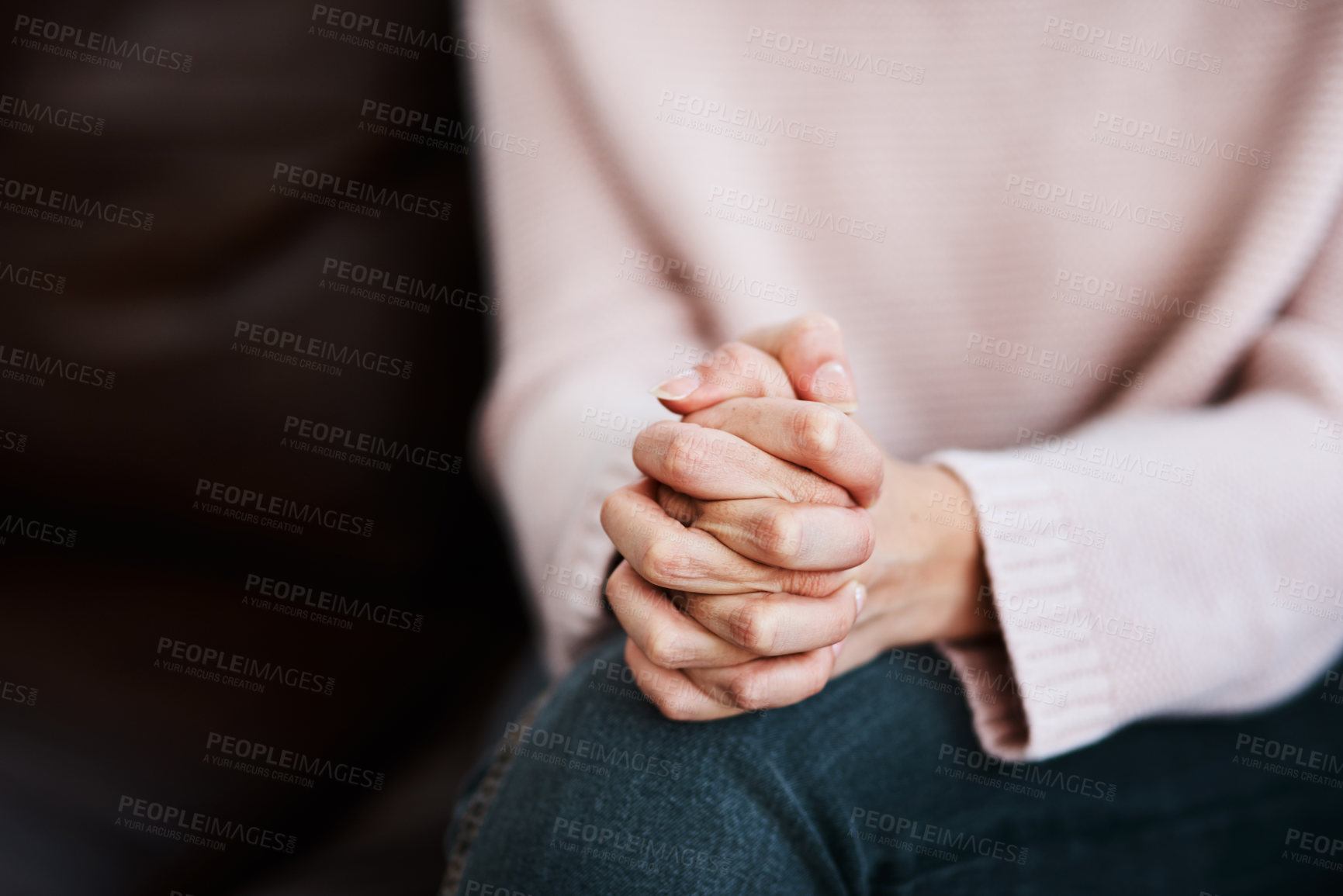 Buy stock photo Woman, hands together and grief closeup with stress and anxiety in therapy for psychology crisis. Pray, mental health problem and hand of a female patient scared with depression at counseling on sofa