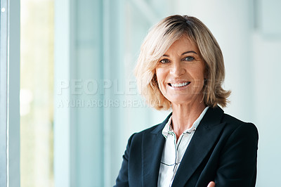 Buy stock photo Portrait, business and mature woman in office, smile and corporate professional with happiness. Face, employee and consultant for accounting firm, joyful and confidence with pride and economy analyst