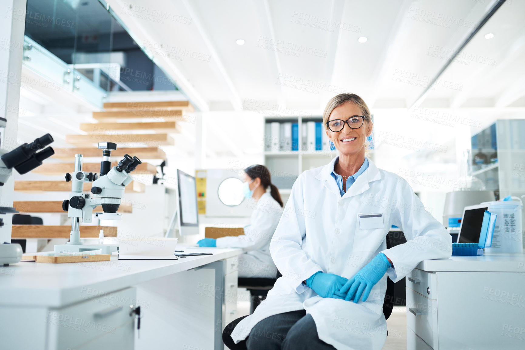 Buy stock photo Portrait, science and research with women in lab, confidence and experiment with equipment. People, medical and professional in workplace, scientist and testing for breakthrough, smile and biology