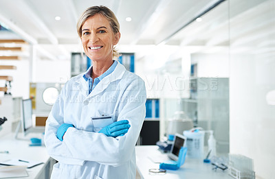 Buy stock photo Woman portrait, scientist and arms crossed for innovation in lab, chemical engineer and forensics. Mature person, confident doctor and expert in biology, pathology research and medical study in coat