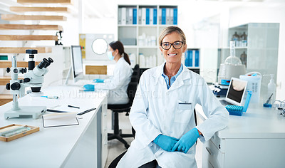 Buy stock photo Portrait of a mature scientist working in a lab with her colleague in the background