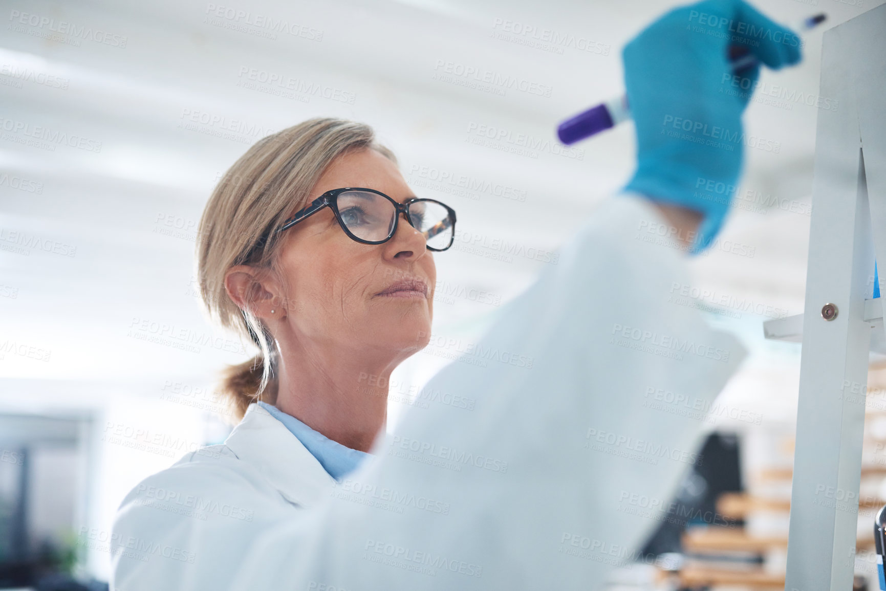 Buy stock photo Shot of a mature scientist writing notes on a glass wall in a lab