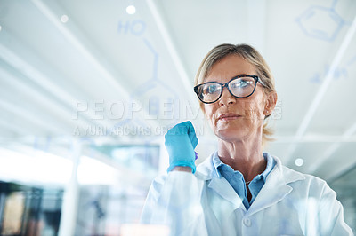 Buy stock photo Woman, scientist and think with formula on glass wall at laboratory for planning, strategy and ideas on medical research. Mature person, science and investigation for clinical and drug trial