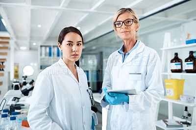 Buy stock photo Portrait of two scientists working in a lab