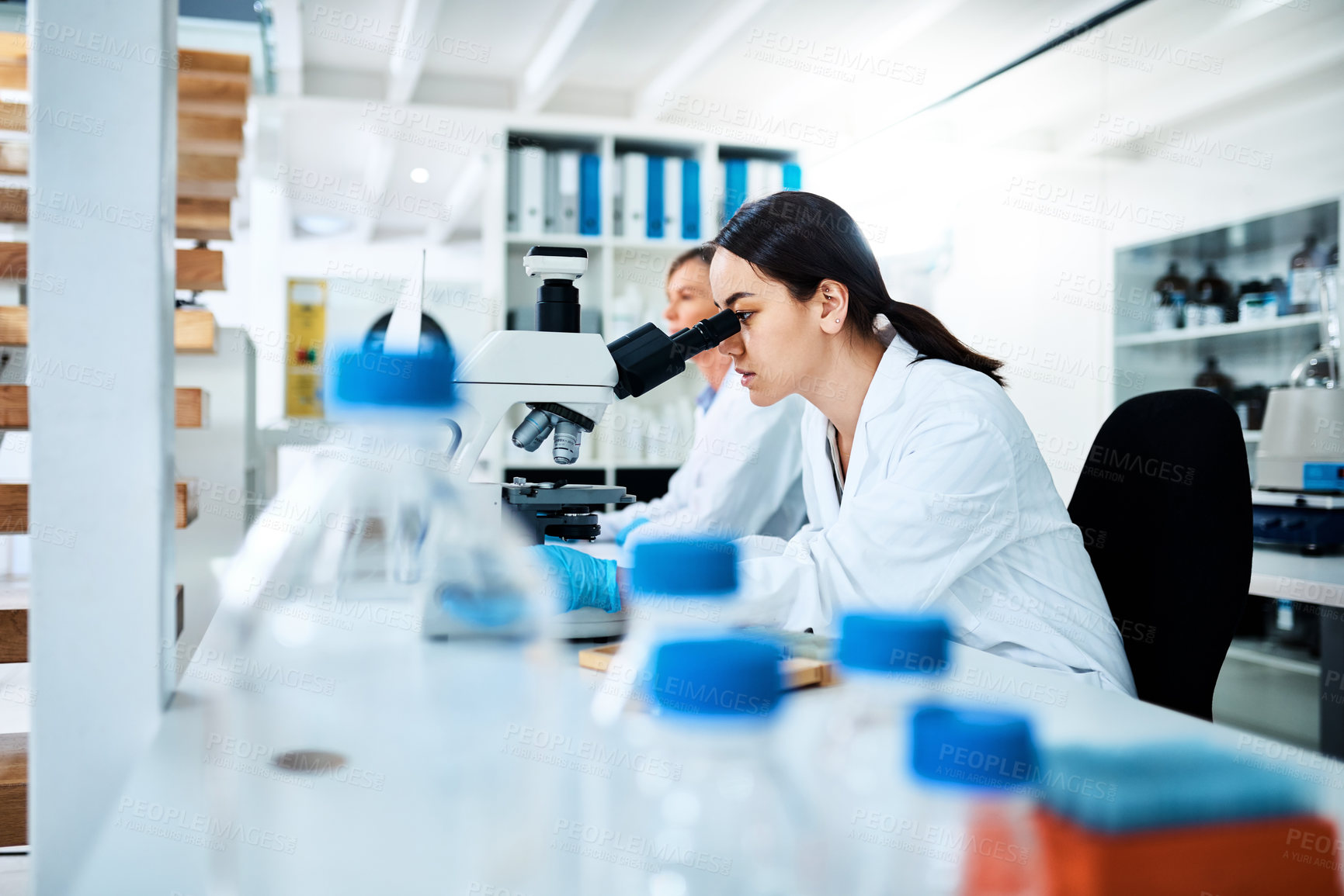 Buy stock photo Shot of a young scientist working in a lab with her colleague in the background