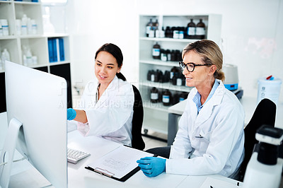 Buy stock photo Medical research, scientist and tech in lab, women and colleagues with project, healthcare and teamwork. Computer, collaboration and ideas for cure, planning and vaccine for Oropouche virus and smile