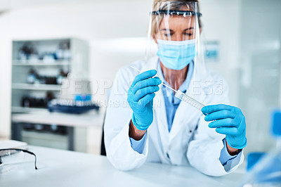 Buy stock photo Science, woman and swab in lab for testing, experiment trial and investigation for healthcare. Scientist, PPE and DNA sample in research facility for pathogen, illness identification and biochemistry