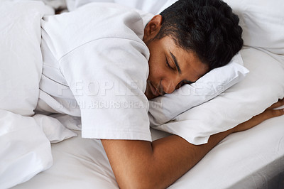 Buy stock photo Sleeping, teenager and rest in bedroom, home and lazy in weekend, tired and comfortable on bed and nap. Pillow, dreaming and man with fatigue, peaceful and relax on mattress, asleep and morning