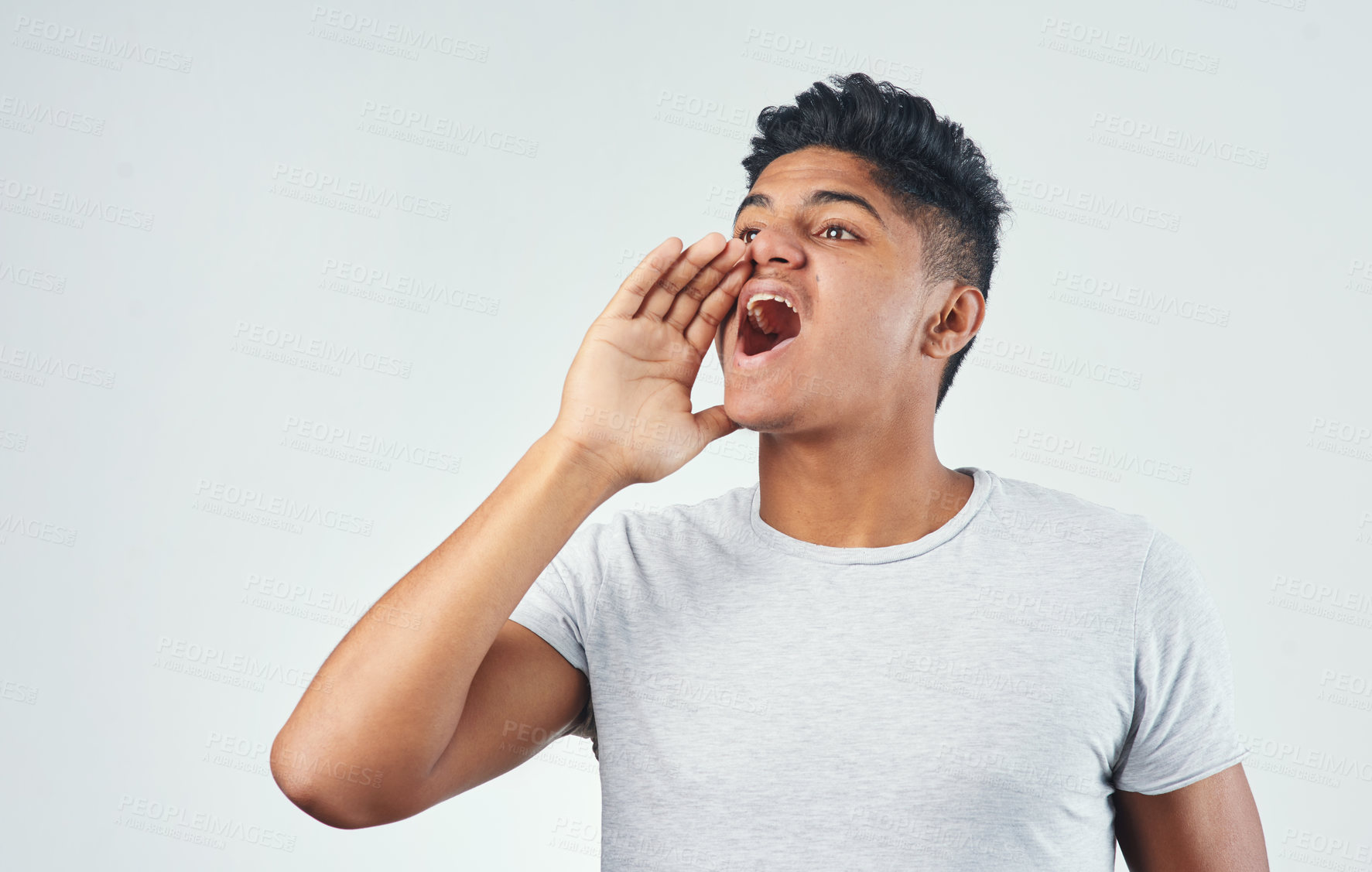 Buy stock photo Studio, man and shouting for announcement, offer or attention for sales on white background. Indian person, loud yell and scream for communication, promotion information or advertising discount deal